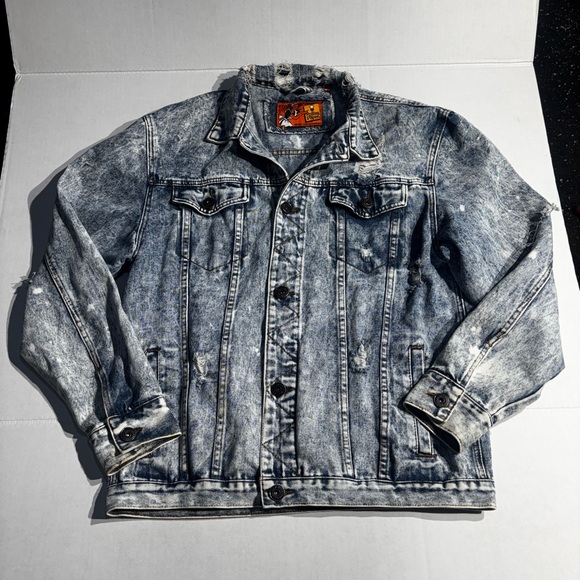 Distressed Denim Jacket Rolling Papers Jean Jacket in Stonewash Blue Denim - Picture 3 of 10